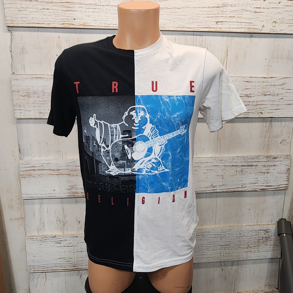 True Religion World Tour Split Graphic Tee Black White Buddha Guitar Mens Small